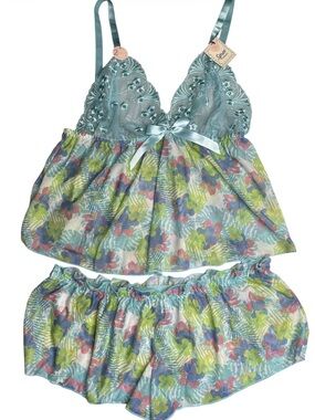 Spree Intimates 2-Piece Tropical Mesh Babydoll Cami & Flippy Shorts Set Large